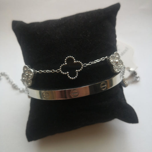 Trendy en Klaver Armbanden Zilver en zwart met Steentjes - Intero Sieraden