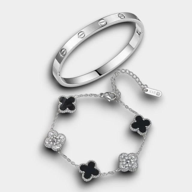 Trendy en Klaver Armbanden Zilver en zwart met Steentjes - Intero Sieraden