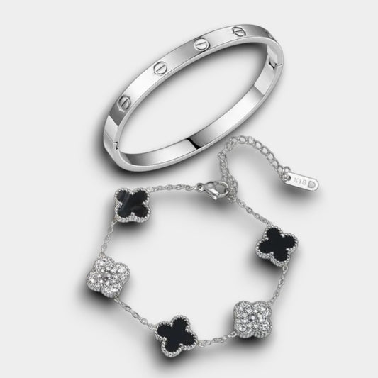 Trendy en Klaver Armbanden Zilver en zwart met Steentjes - Intero Sieraden