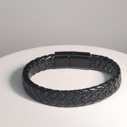 Brede Zwarte Gevlochten Lederen Armband - Intero Sieraden
