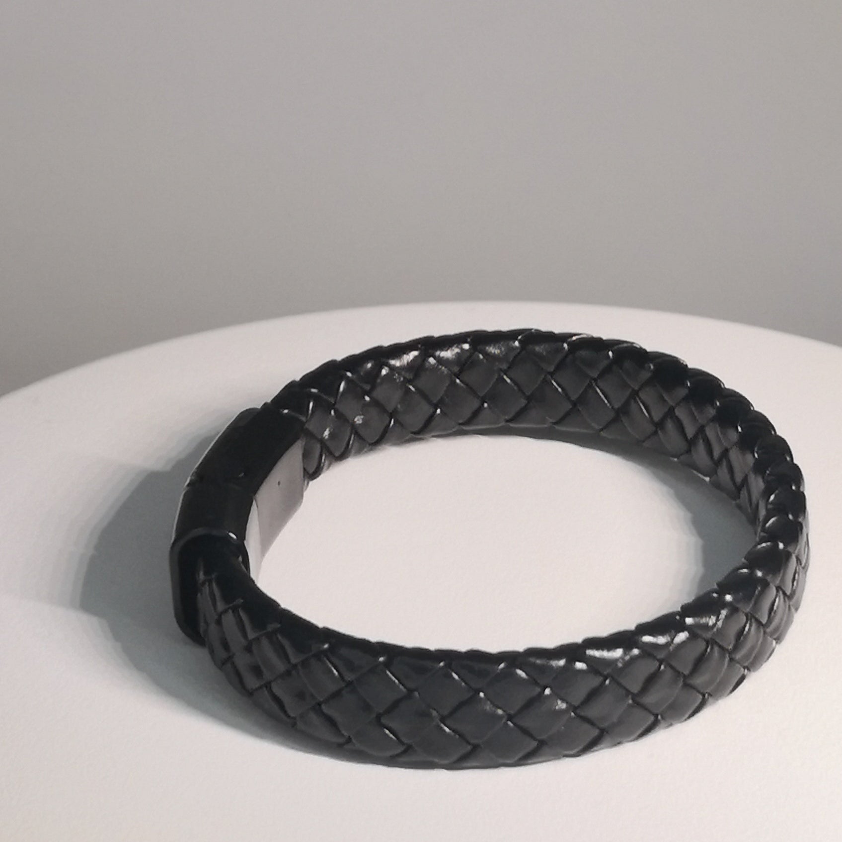 Brede Zwarte Gevlochten Lederen Armband - Intero Sieraden