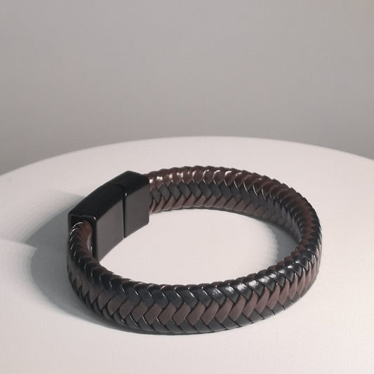 Brede Bruine en Zwarte Gevlochten Lederen Armband - Intero Sieraden