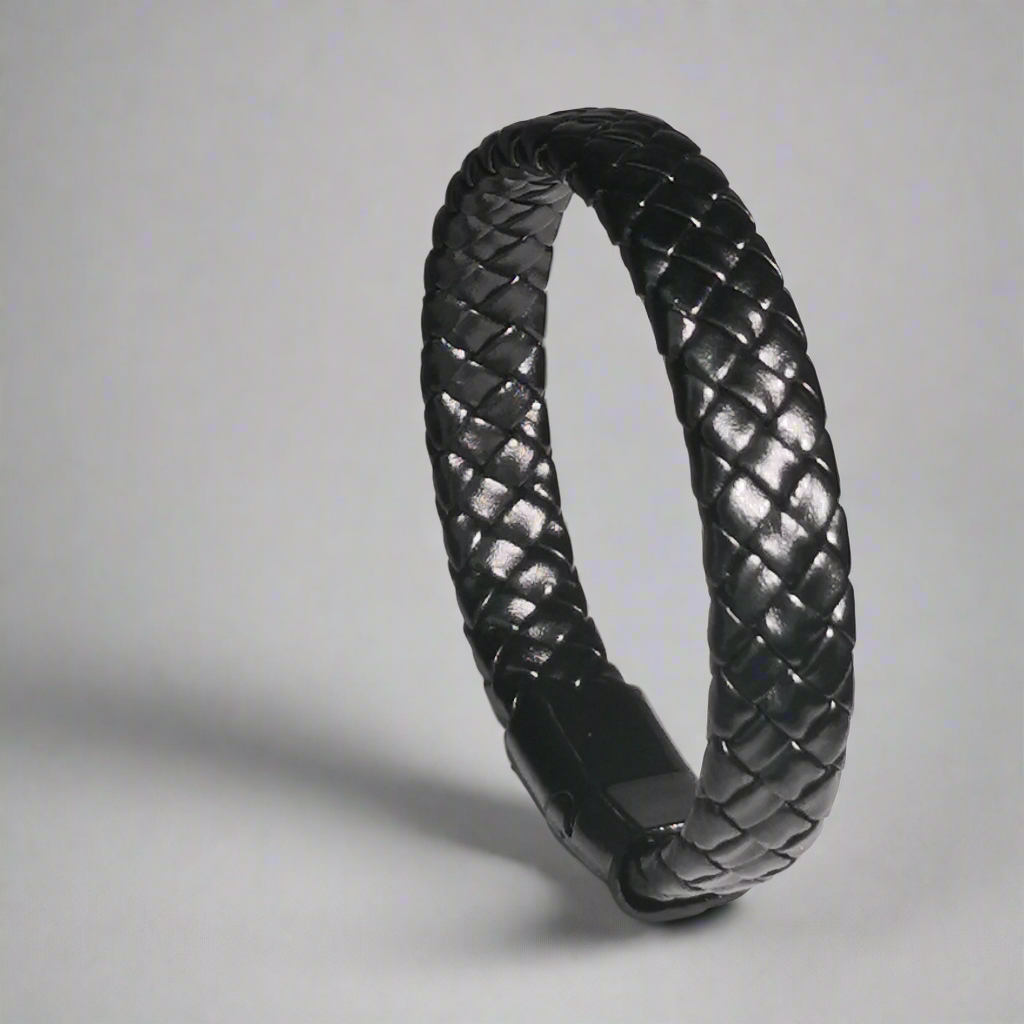 Brede Zwarte Gevlochten Lederen Armband - Intero Sieraden