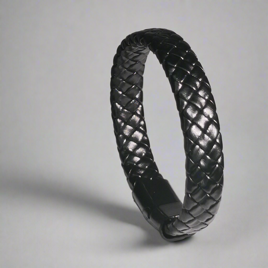 Brede Zwarte Gevlochten Lederen Armband - Intero Sieraden