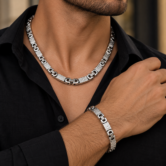 Heren Sieradenset – Greek Key Ketting & Armband – Stainless Steel Zilver