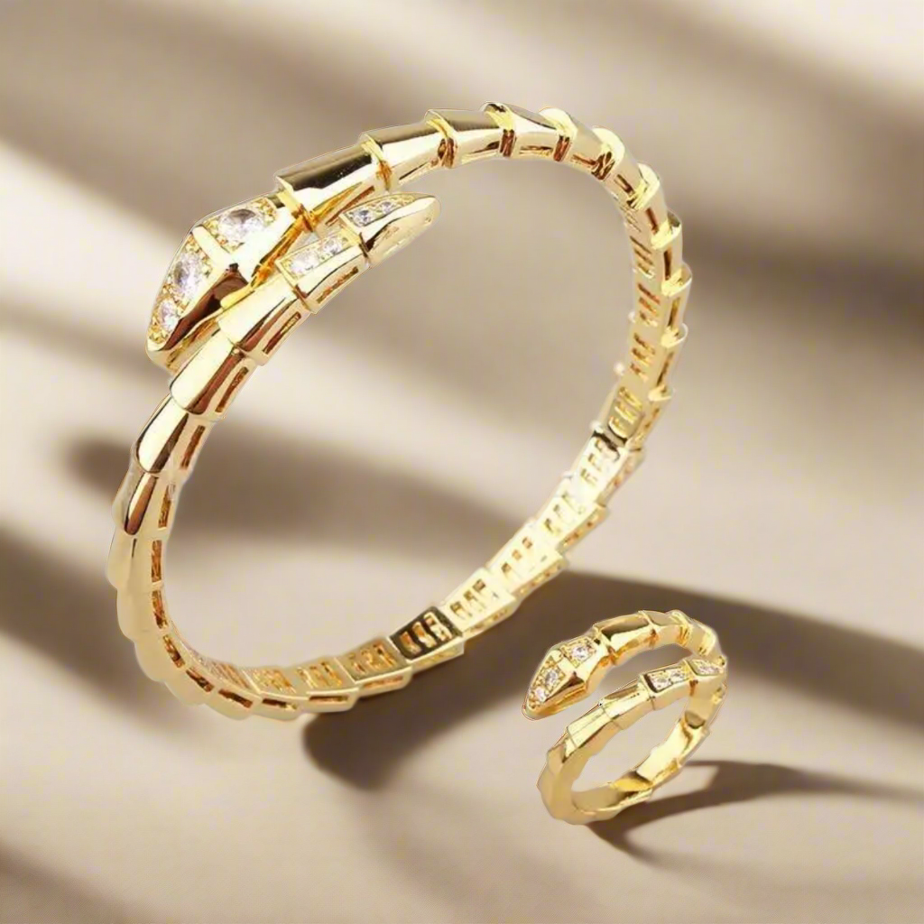 Goudkleurige Slangen Armband & Ring Set – Roestvrij Staal