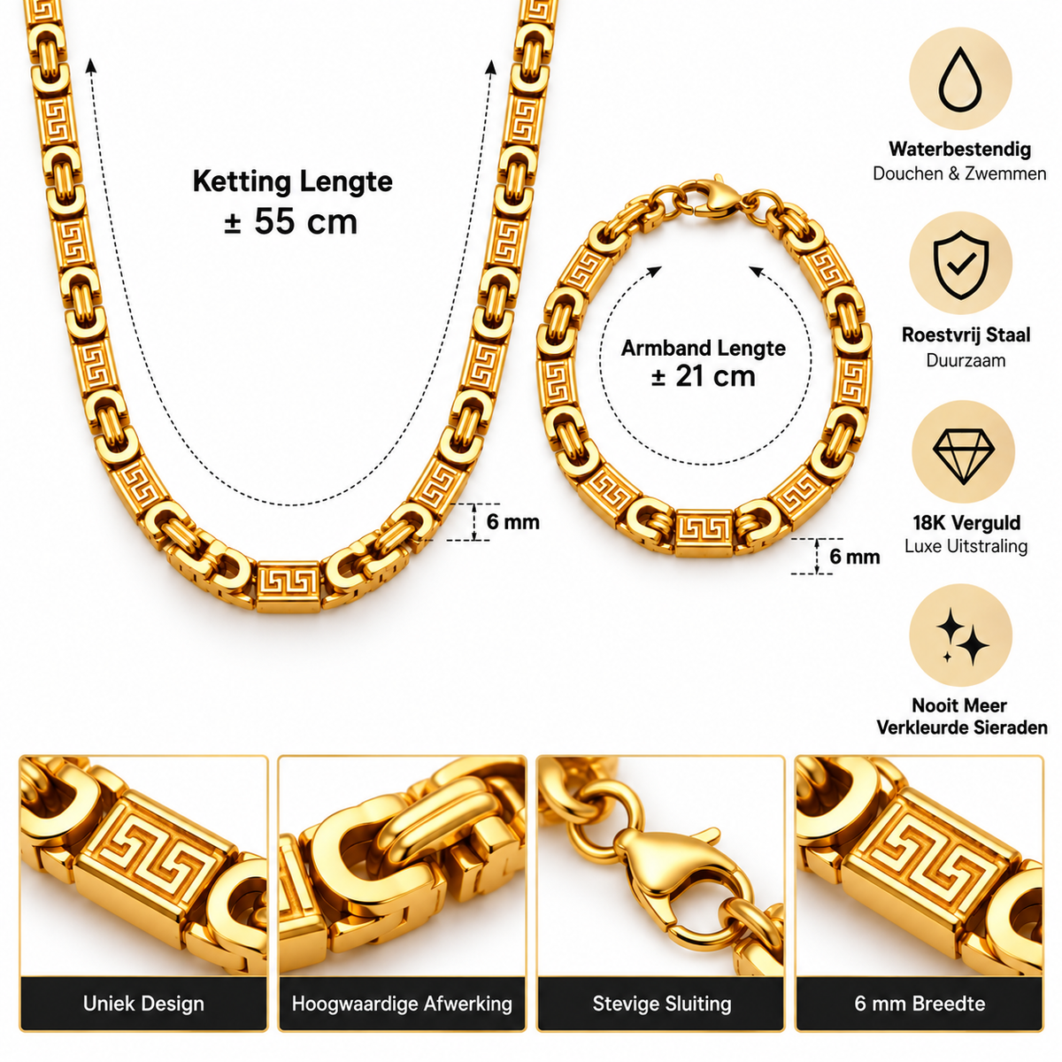 Heren Sieraden Greek Key – Ketting & Armband Zilver of Goud | RVS