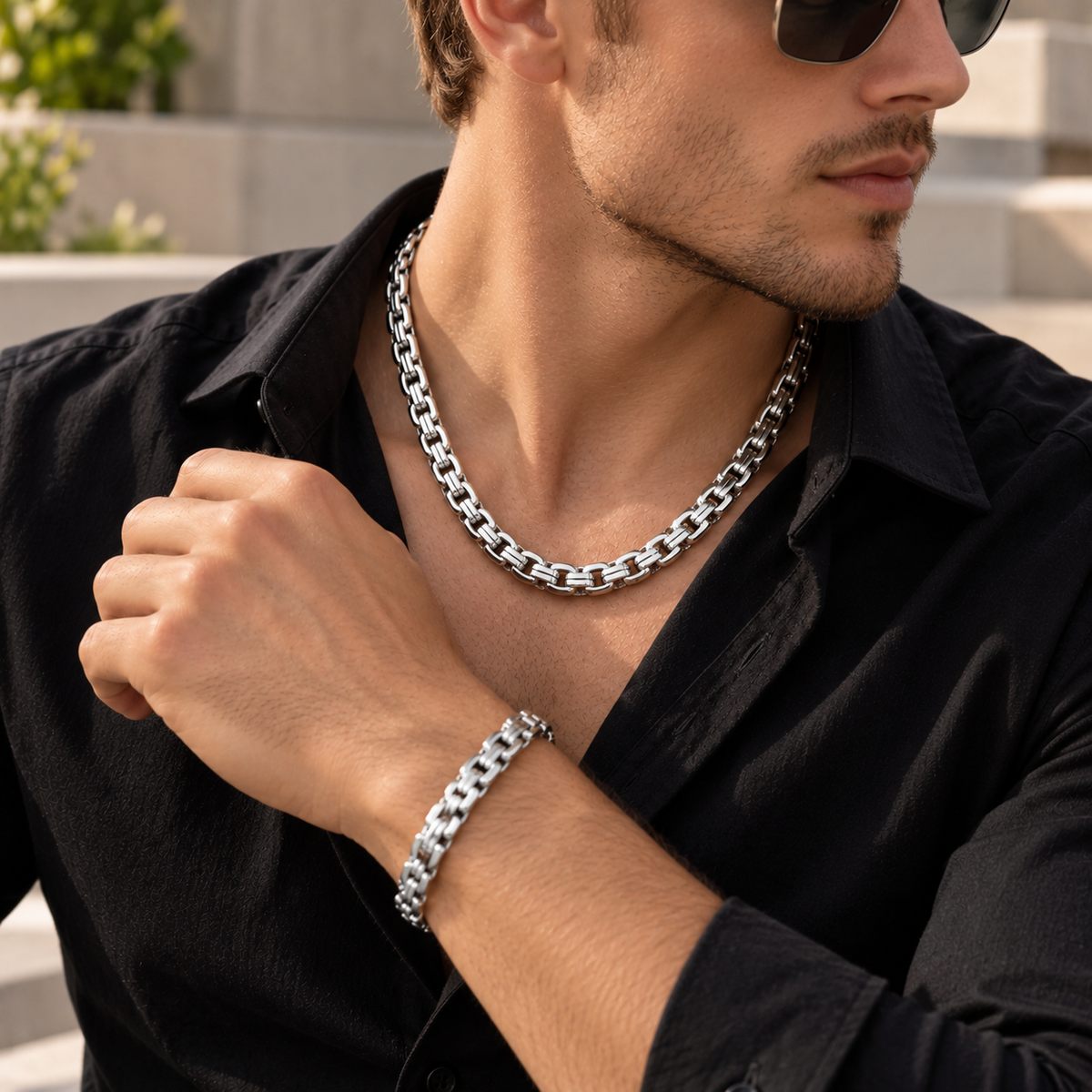 Intero Schakelketting & Armband Set voor Heren – Goud of Zilver