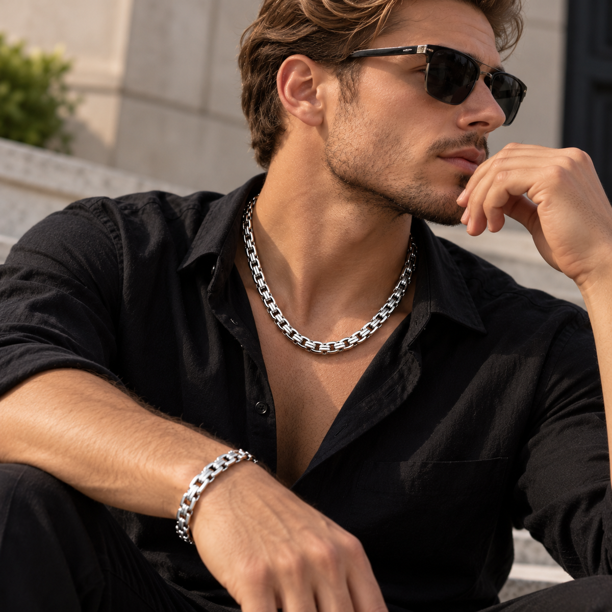 Intero Schakelketting & Armband Set voor Heren – Goud of Zilver