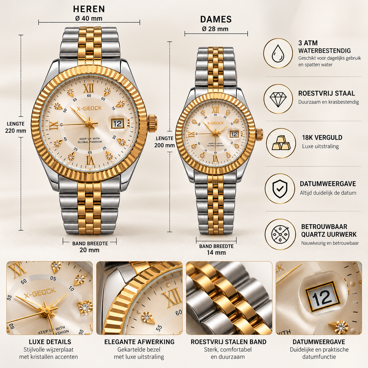 Close-up van het Intero Elegance horloge met geribbelde goudkleurige lunette, champagnekleurige wijzerplaat en tweekleurige metalen horlogeband stainless steel 