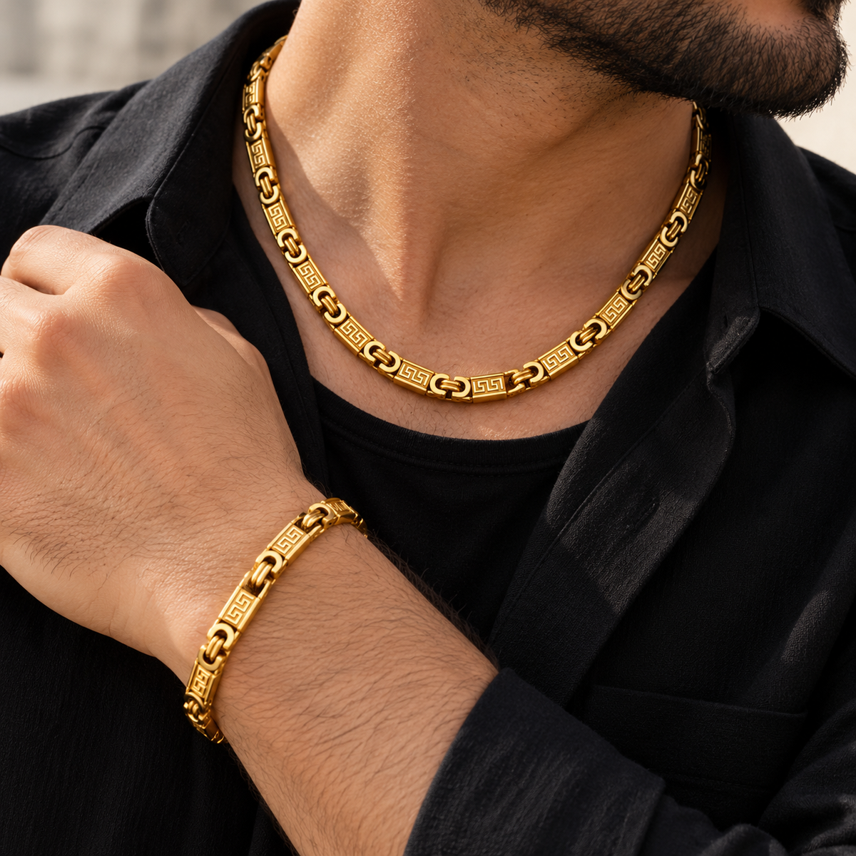 Greek Key heren sieradenset met ketting van 55 cm en armband van 22 cm Stainless steel 