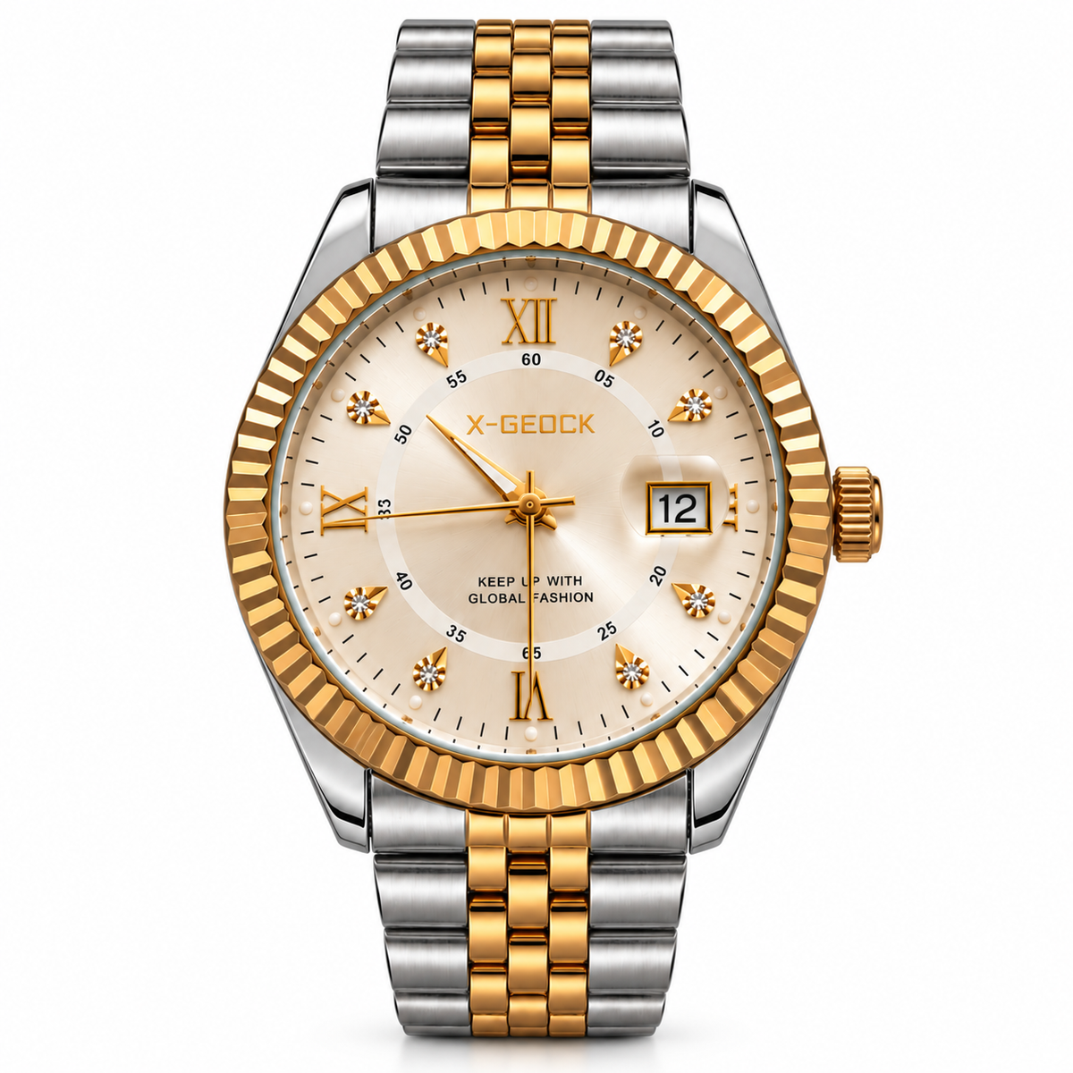 Intero Elegance herenhorloge in goud en zilver met champagnekleurige wijzerplaat, Romeinse cijfers en metalen horlogeband