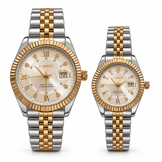 Intero Elegance horlogeset voor heren en dames met bijpassende goud-zilveren horloges en champagnekleurige wijzerplaten