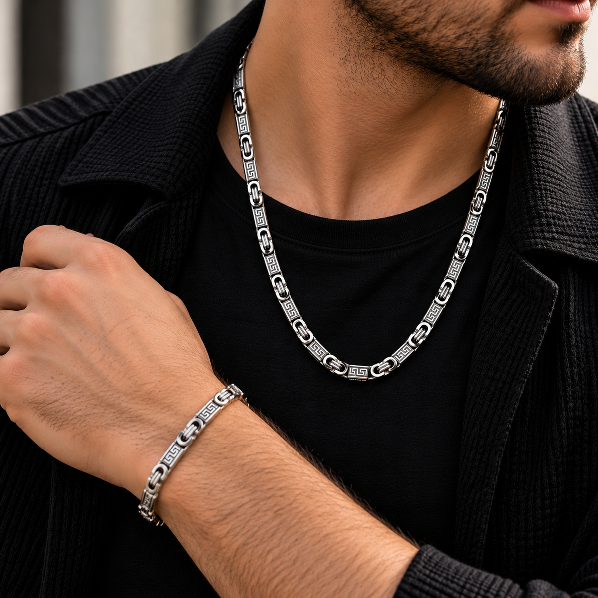 Zilverkleurige Greek Key herenketting en armband van roestvrij staal