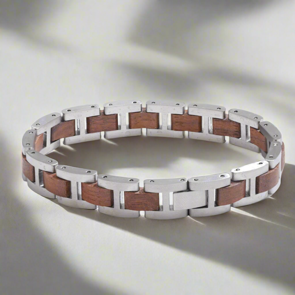Luxe Zilveren Herenarmband met Hout - Roestvrij Staal
