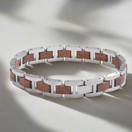 Luxe Zilveren Herenarmband met Hout - Roestvrij Staal