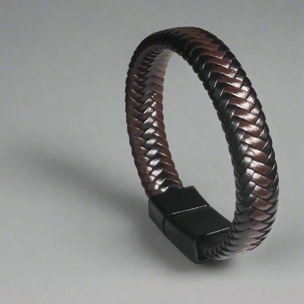 Brede Bruine en Zwarte Gevlochten Lederen Armband - Intero Sieraden