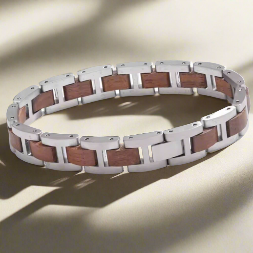 Luxe Zilveren Herenarmband met Hout - Roestvrij Staal