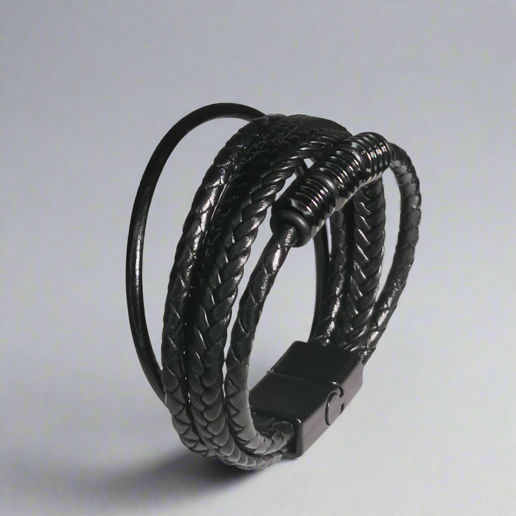 Zwarte Gevlochten Lederen Armband - Intero Sieraden