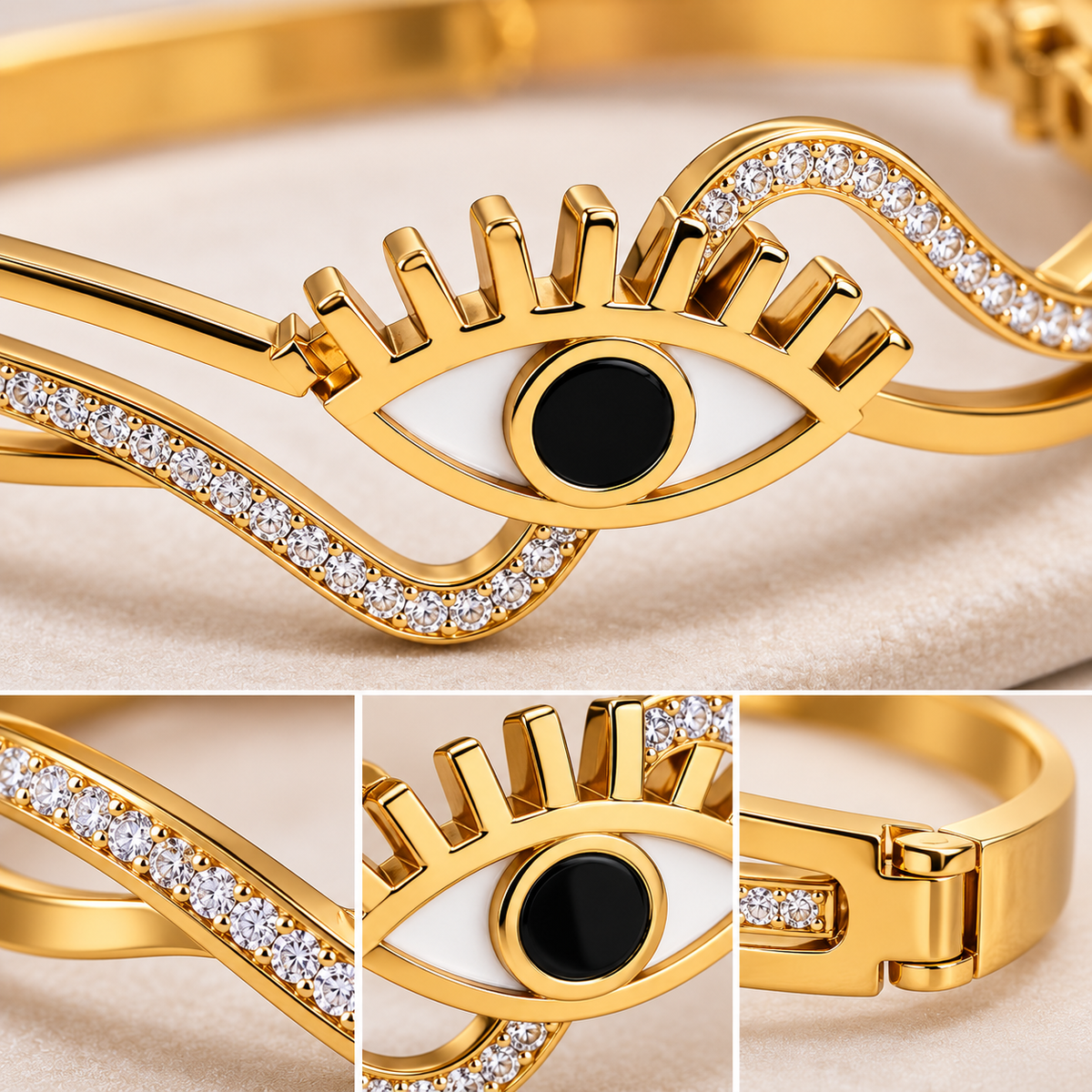 Detailcollage van Noura bangle met oogmotief, glanzende steentjes en scharniersluiting