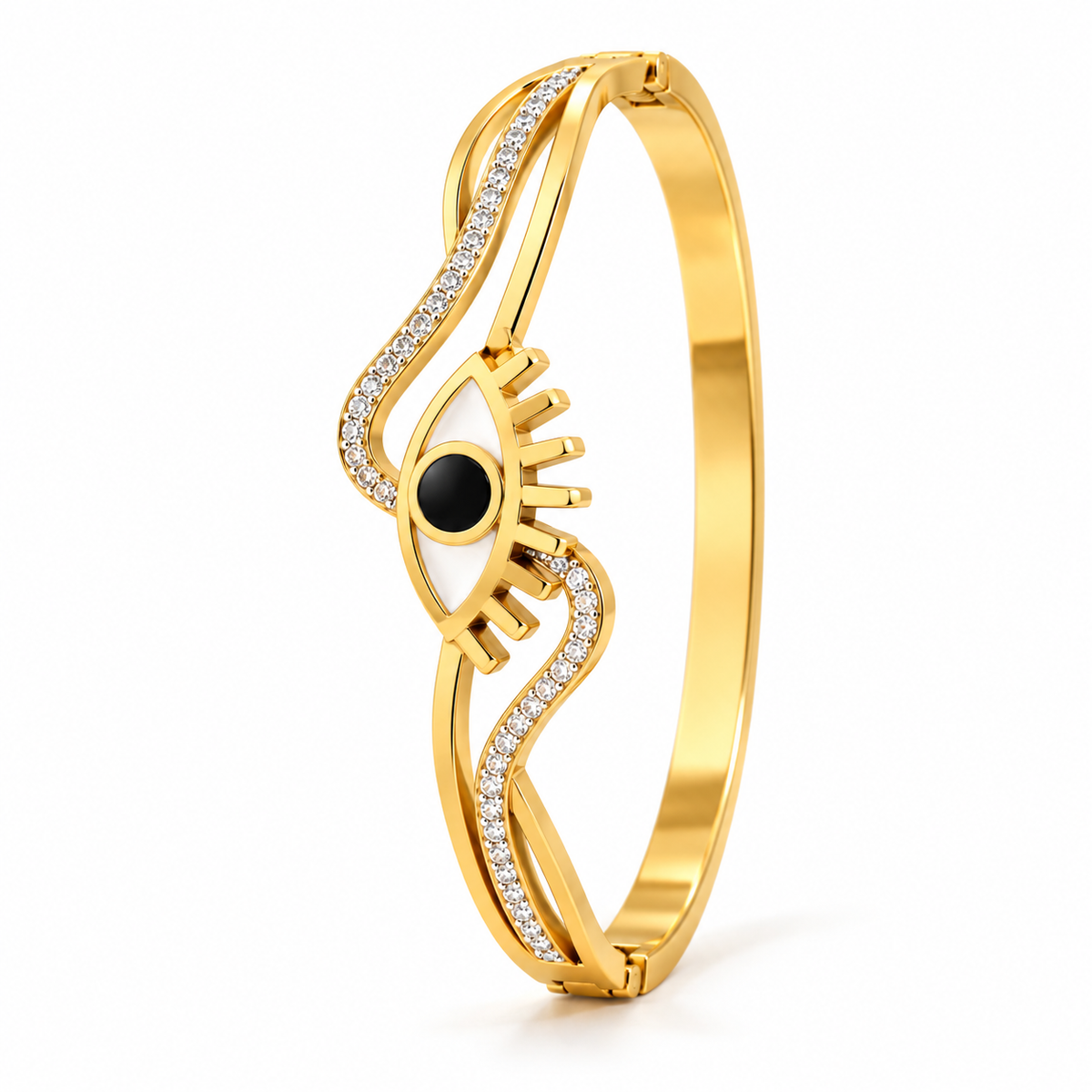 Noura goudkleurige armband rechtop met zwart-wit oogdetail en golvende versiering
