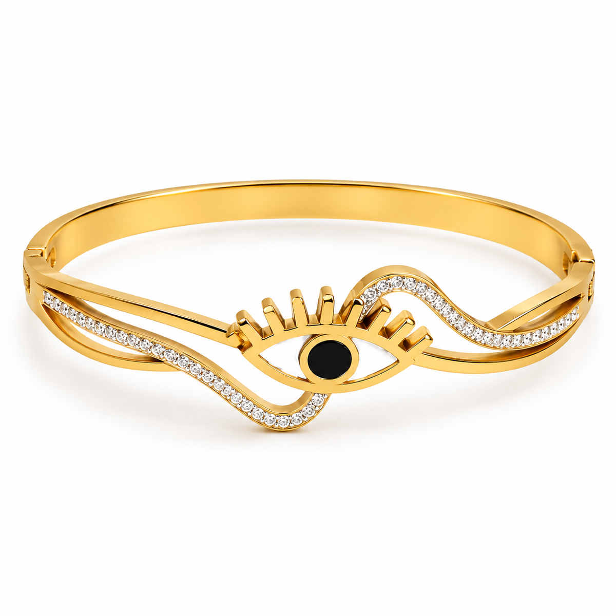 Noura goudkleurige RVS bangle met oogmotief en golvende lijnen met glanzende steentjes, vooraanzicht
