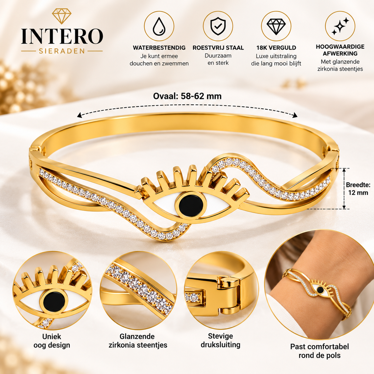 Infographic van Noura oog armband met maataanduidingen 58–62 mm en breedte 12 mm