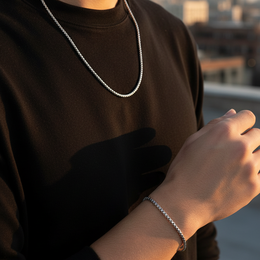 Minimalist Box Chain Heren Sieraden Set - 60cm Ketting + Armband RVS
