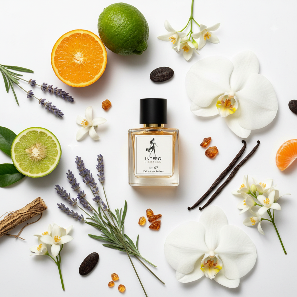 Perfume top view with ingredients