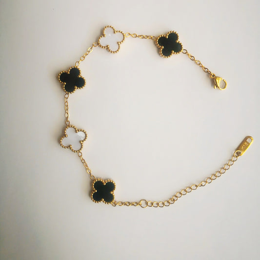 Klaver Armband Zwart en Wit Goudkleurige 18k - Intero Sieraden