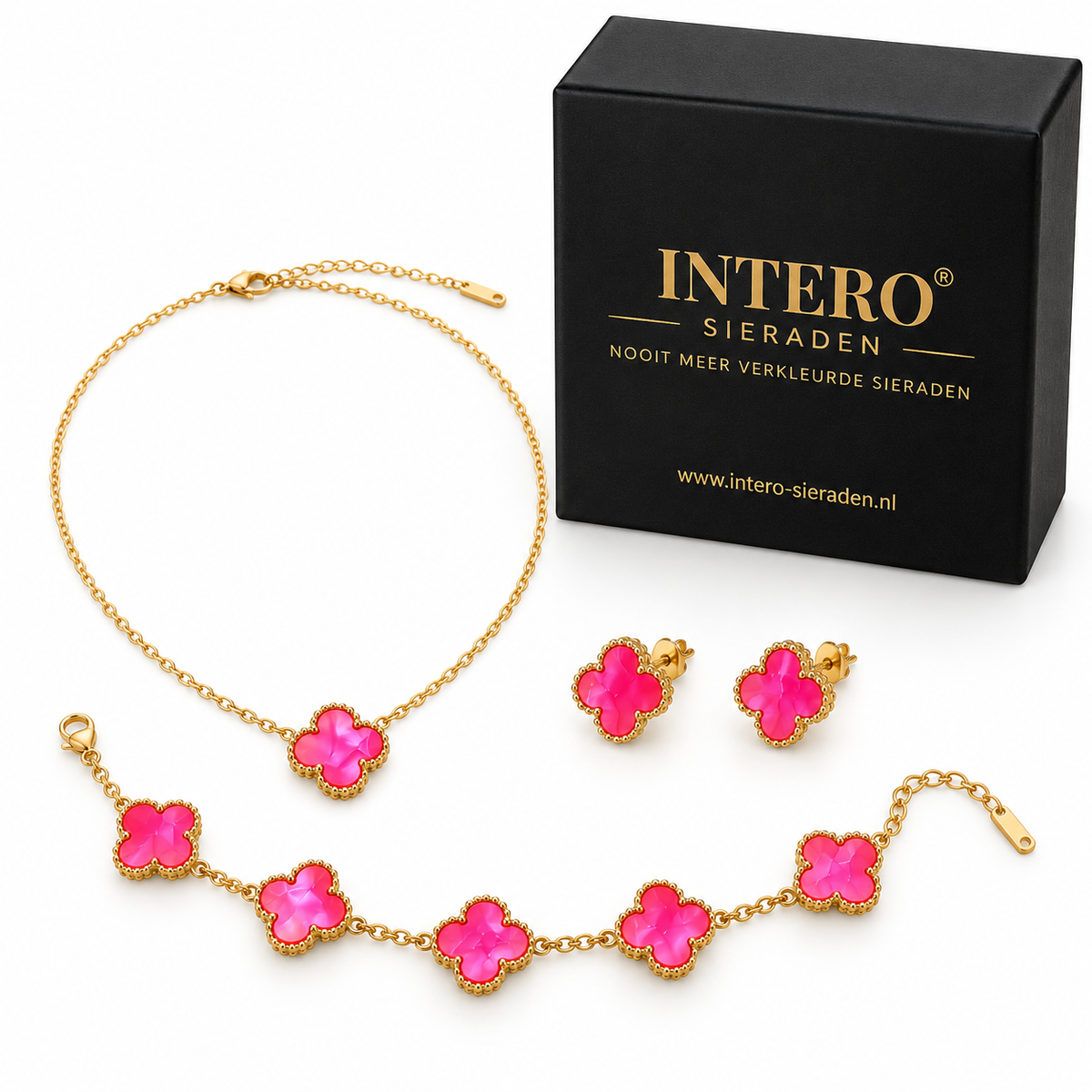 Pink Klaver Sieradenset – Stainless steel – Ketting, Armband & Oorbellen