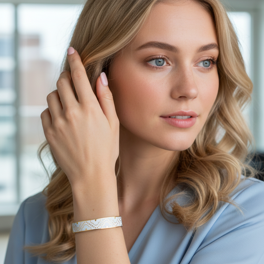 Stainless Steel Bracelet - Gold with White Pattern