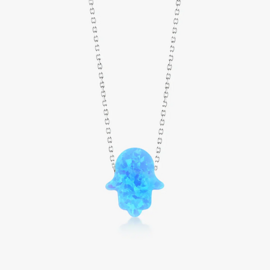 Hamsa Hand Ketting met Blauwe Opal-Look Resin – Stainless Steel