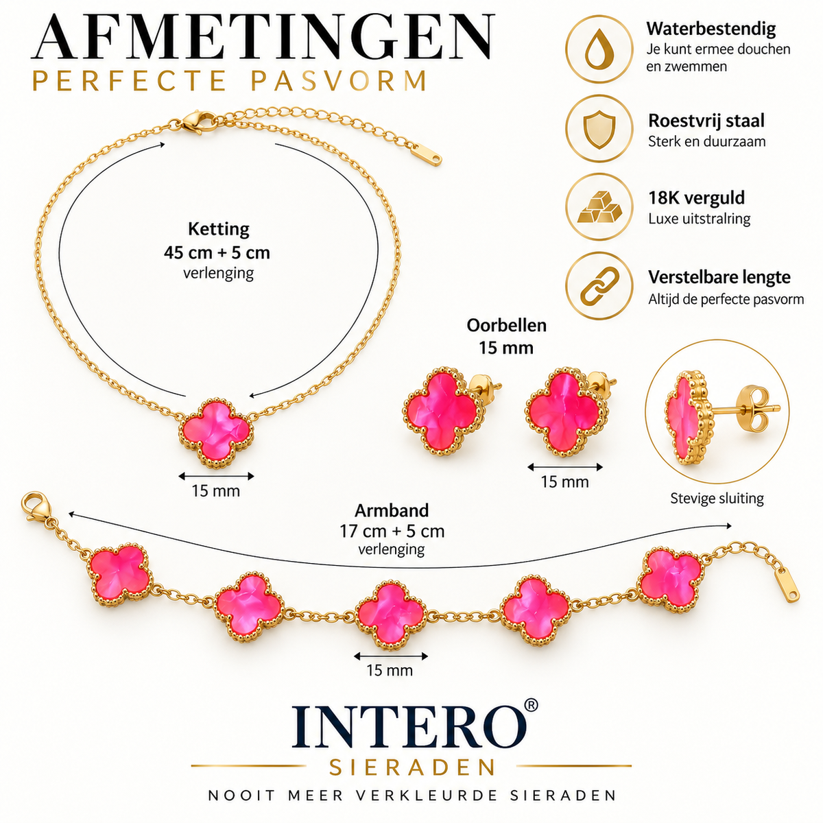 Pink Klaver Sieradenset – Stainless steel – Ketting, Armband & Oorbellen