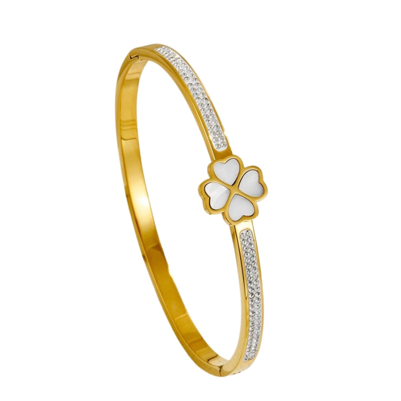 Witte Klaver Bangle - Goudkleurig RVS met Kristallen