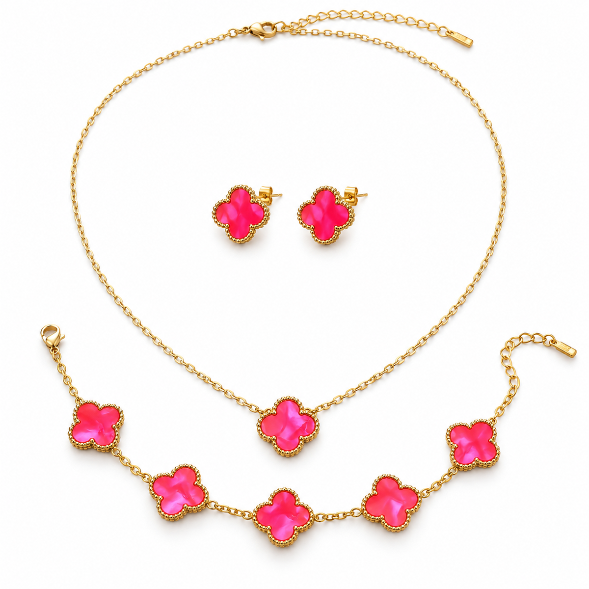 Pink Klaver Sieradenset – Stainless steel – Ketting, Armband & Oorbellen