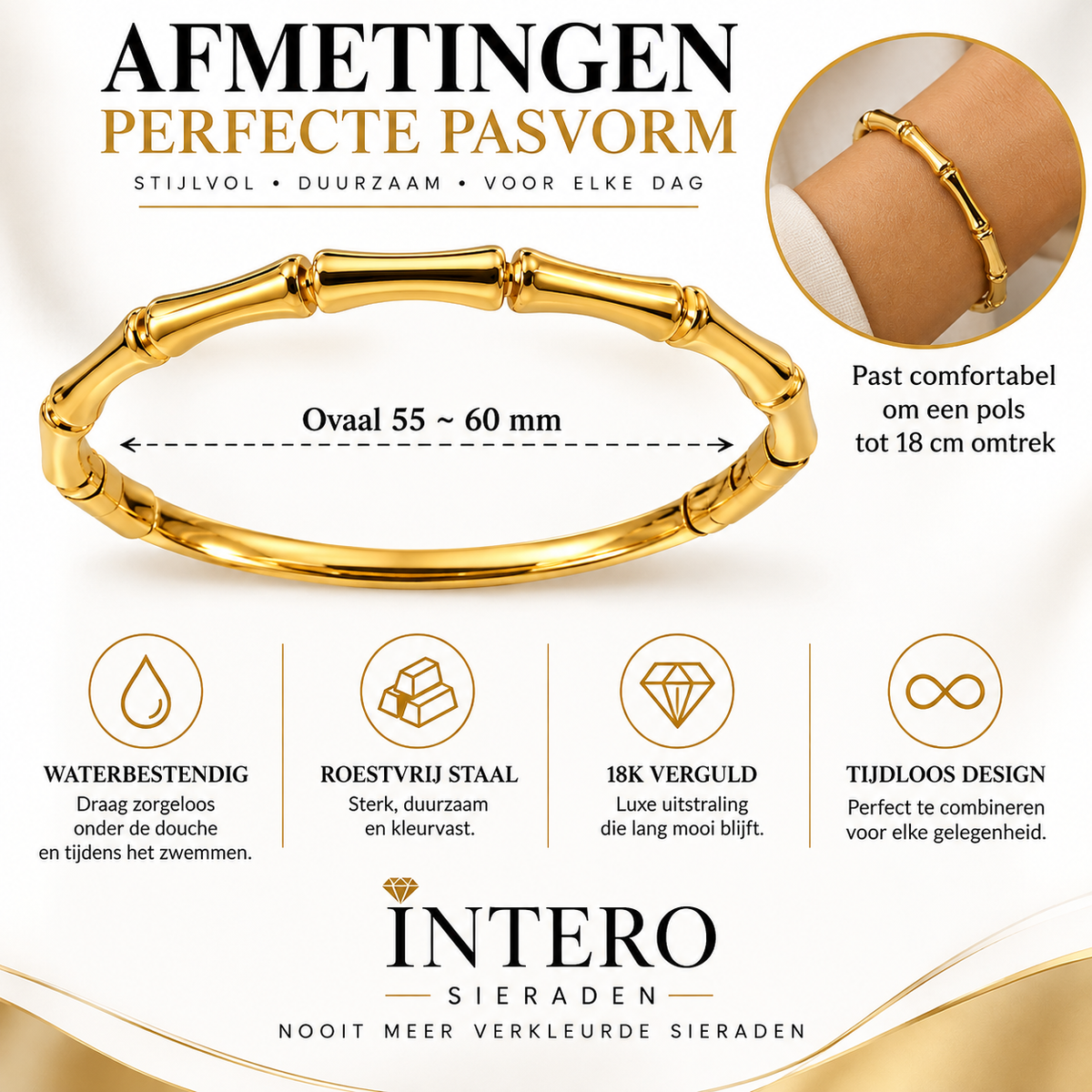 Bamboo Bangle Armband Stainless Steel Waterproof – Goud | Intero Sieraden