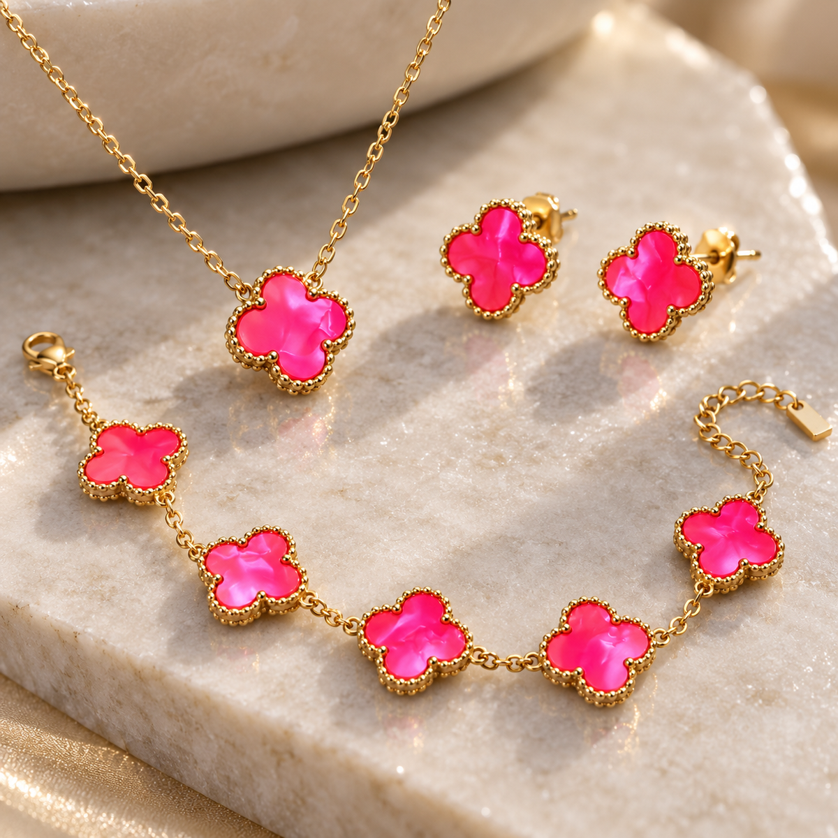 Pink Klaver Sieradenset – Stainless steel – Ketting, Armband & Oorbellen